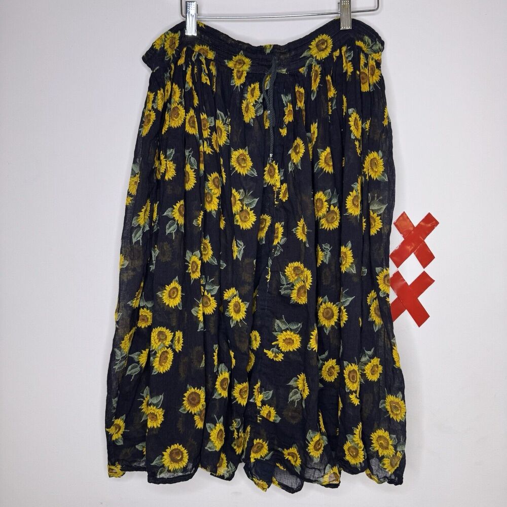 Vtg SHORT CIRCUIT Sheer Sunflower Midi Skirt India Cotton Gauze Boho Hippie os